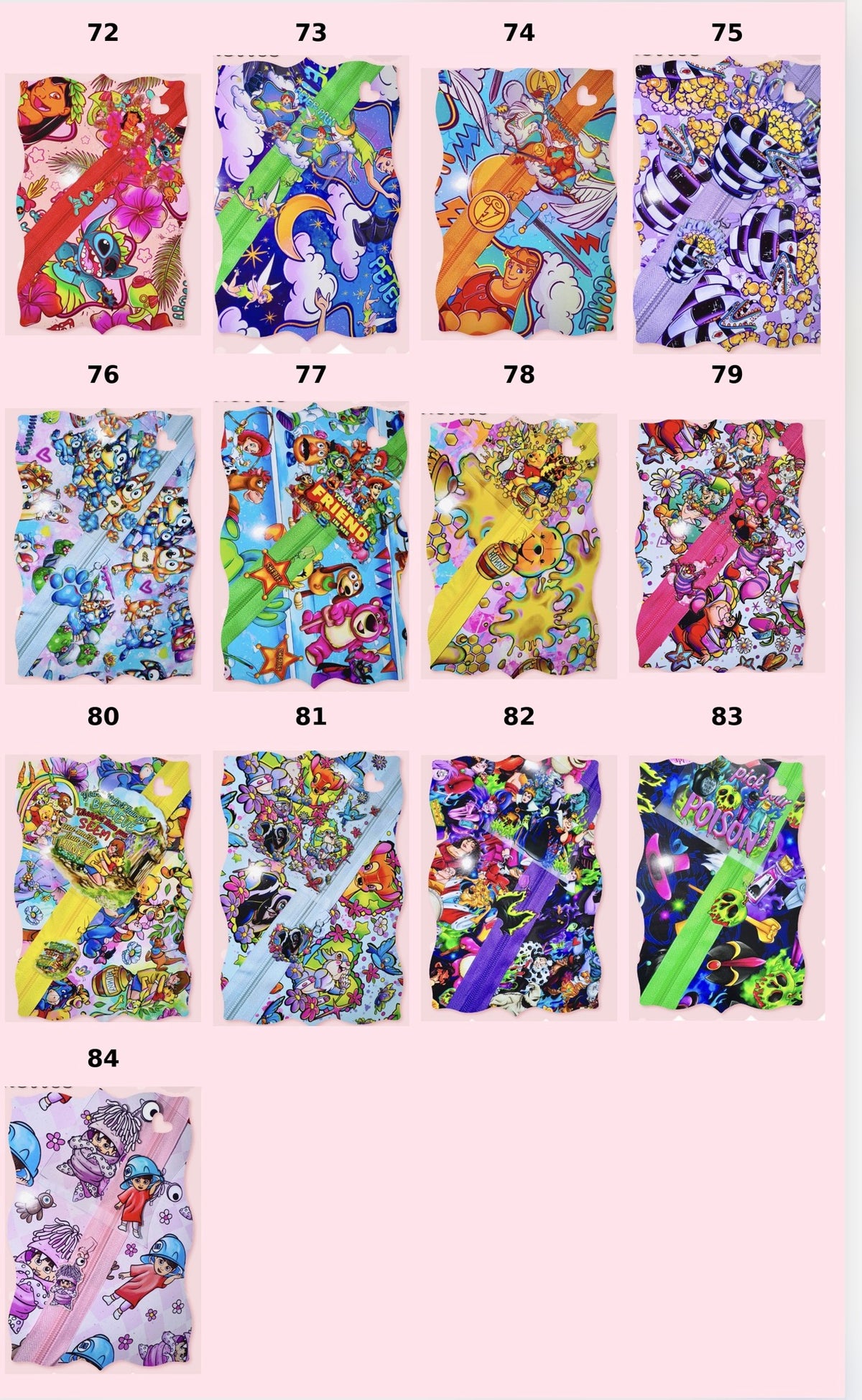 Zippers 72-84(THESE ARE ORDERED IN WHEN YOU ORDER)